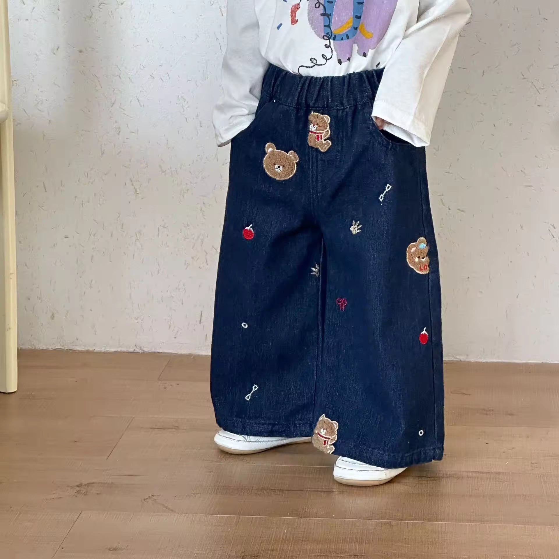 Wholesale 2026 New Spring and Autumn Children's Wide-Leg Jeans Boys and Girls Straight-Leg Bear Pants Baby Casual Pants