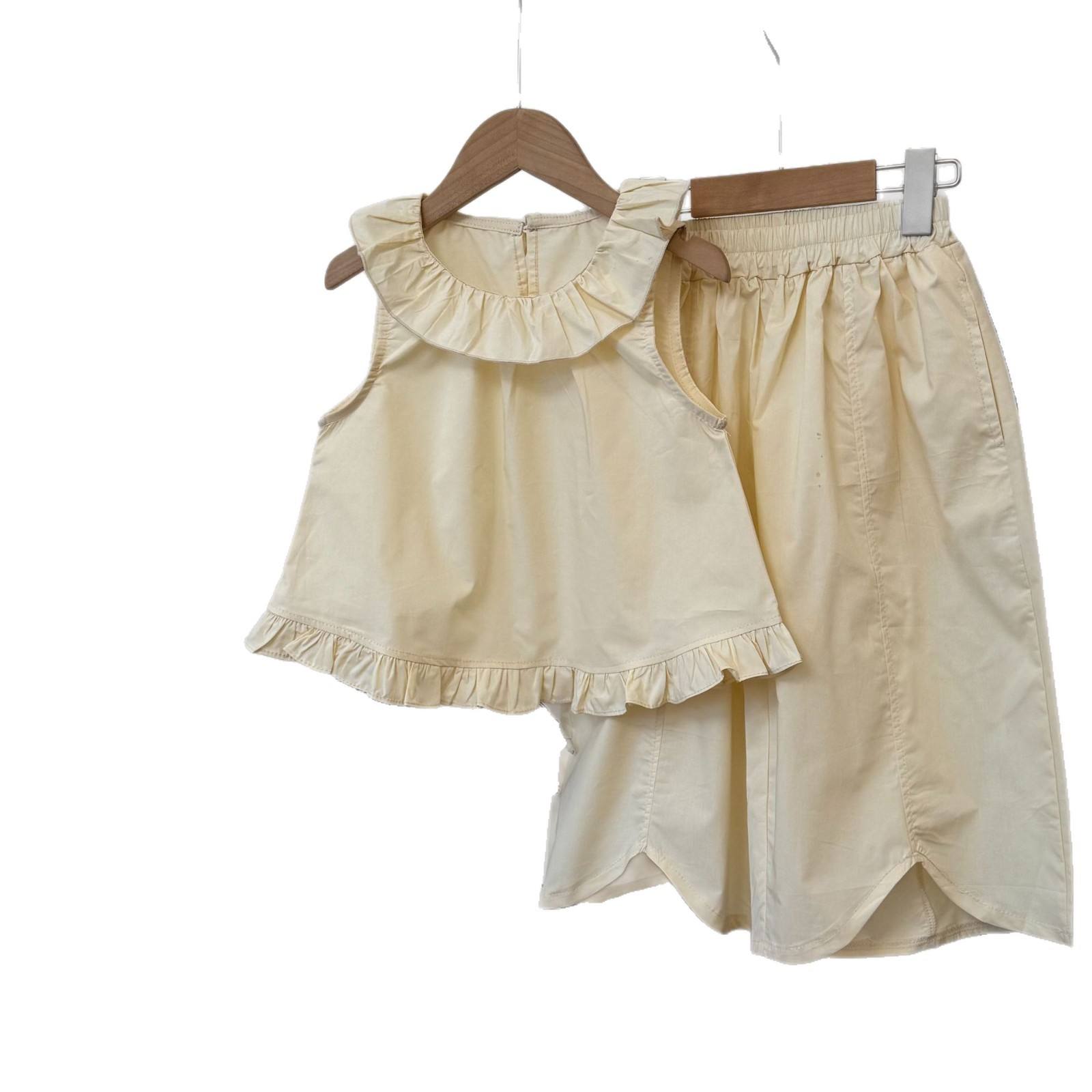 Wholesale 2026 Girls' Summer Clothing Set New Children's Cotton Solid Color Sleeveless Doll Shirt Vest Casual Straight Pants Two-piece Set