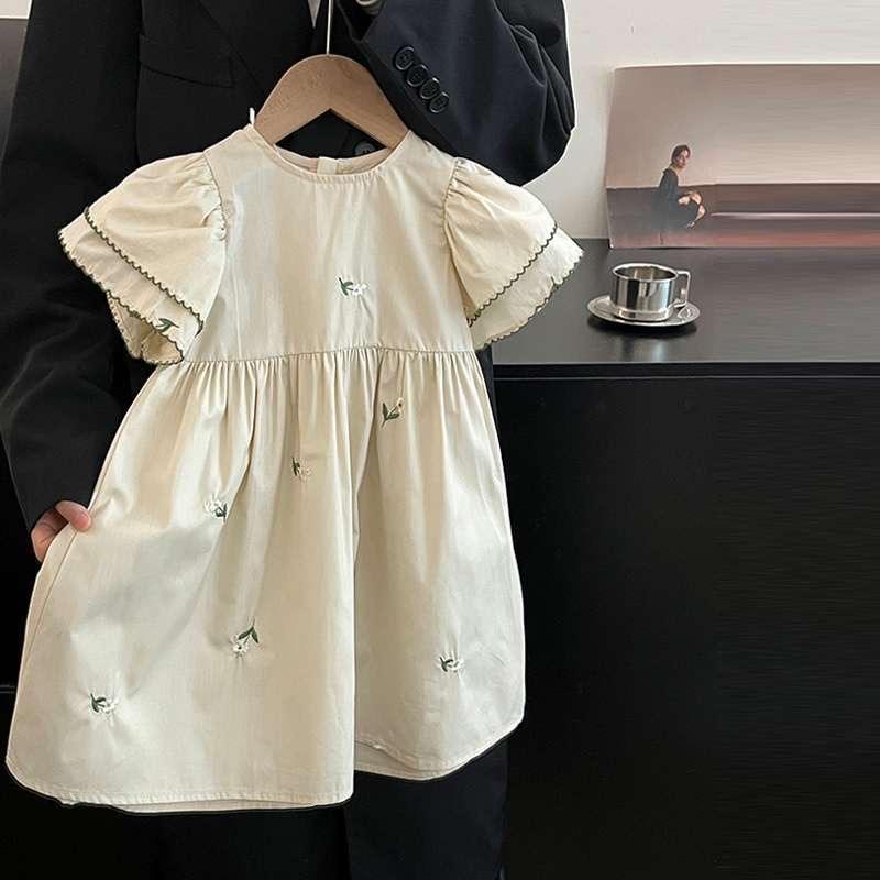Wholesale 2026 Summer Baby Dresses New Korean Style Pure Cotton Girls' Floral Embroidery Princess Dress Short Sleeves Baby Skirts