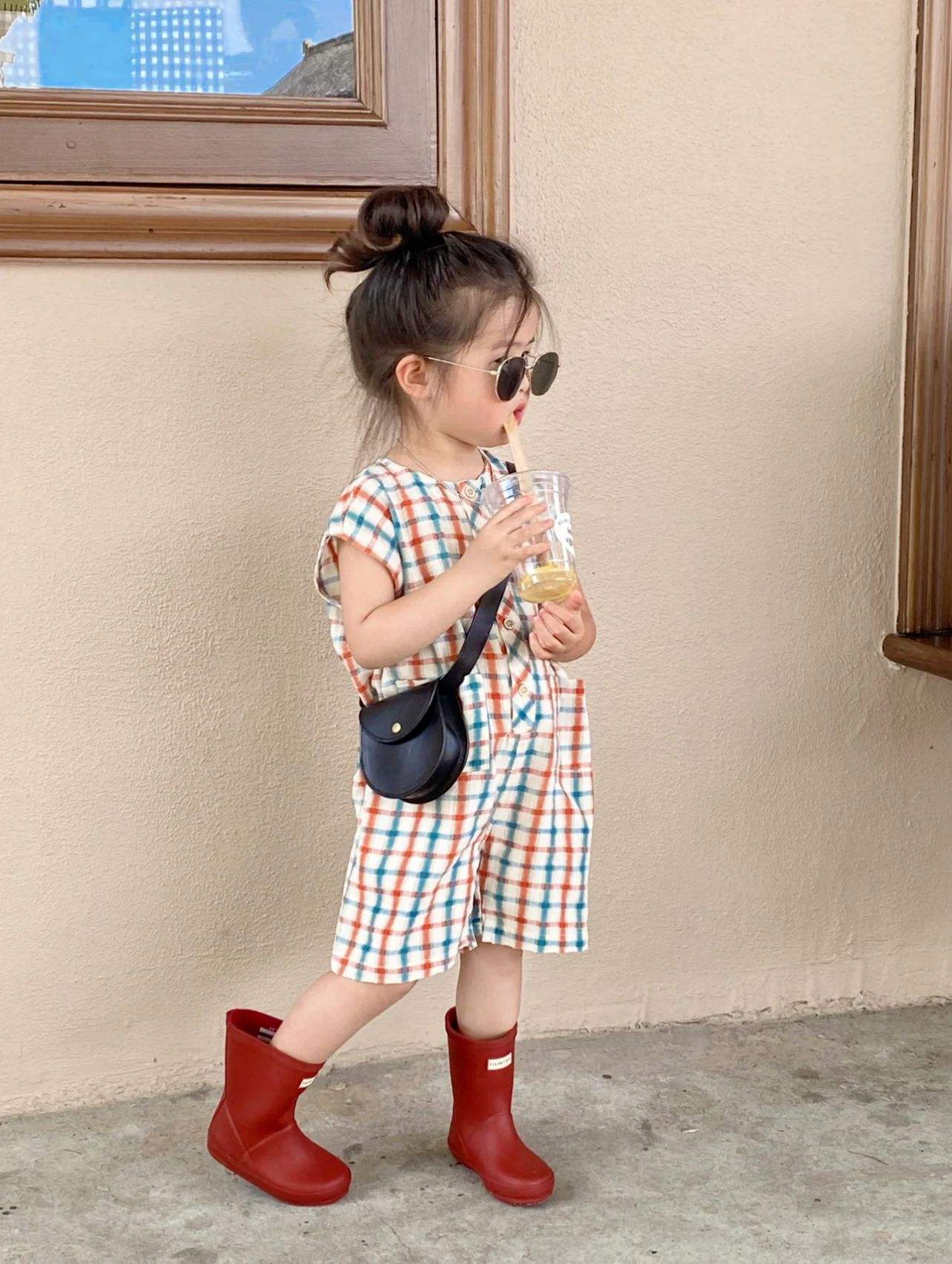 Wholesale 2026 Summer New Korean Style Children's Clothing Girls' Bubble Plaid Wide Leg Shorts Jumpsuit One-piece Polyester Bodysuit