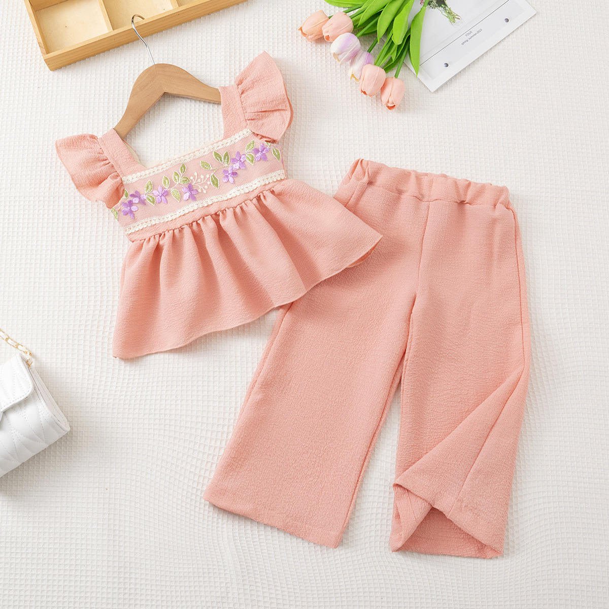 Wholesale 2026 Baby Girls' Clothing Set Summer Outfits Flutter-sleeve Floral Embroidered Top Ribbed Wide-leg Pants Baby Suit