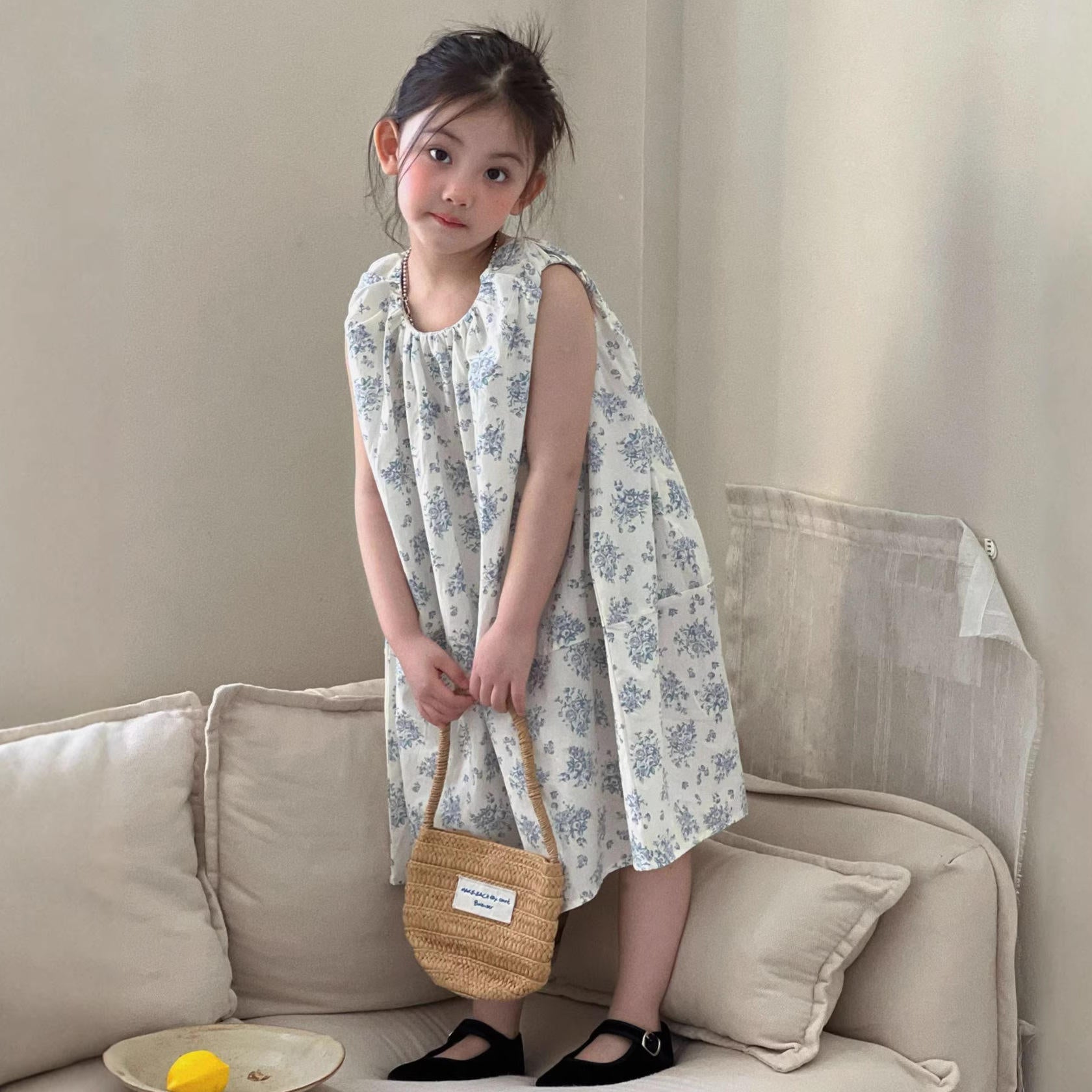 Wholesale 2026 Summer Baby Dresses Blue Floral Crocheted Cotton Sleeveless Dress Girls' Round-neck Loose Mid-length Skirts