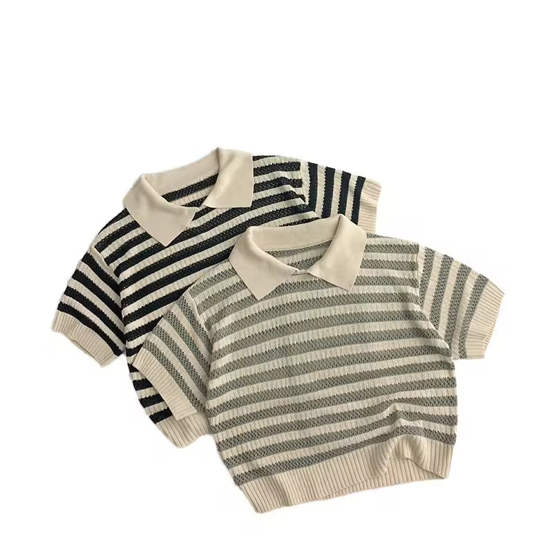 Spring and Summer Children's Hollow Sweater Western Style Fashion Baby Striped Short Sleeve T-shirt Lbc