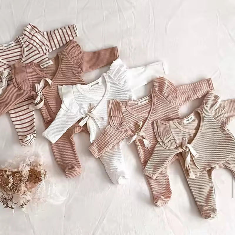 Autumn Baby Girl Knitted Lace-up Suit Foot-wrapping Pants Two-piece Set Baby Newborn Cotton Pajamas without headband