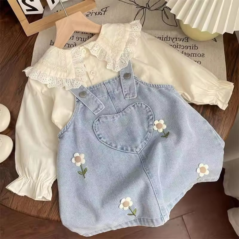Spring and Autumn Girls' Set Baby's Style Sweet Korean Lace Shirt Flower Denim Overalls Skirt Suit