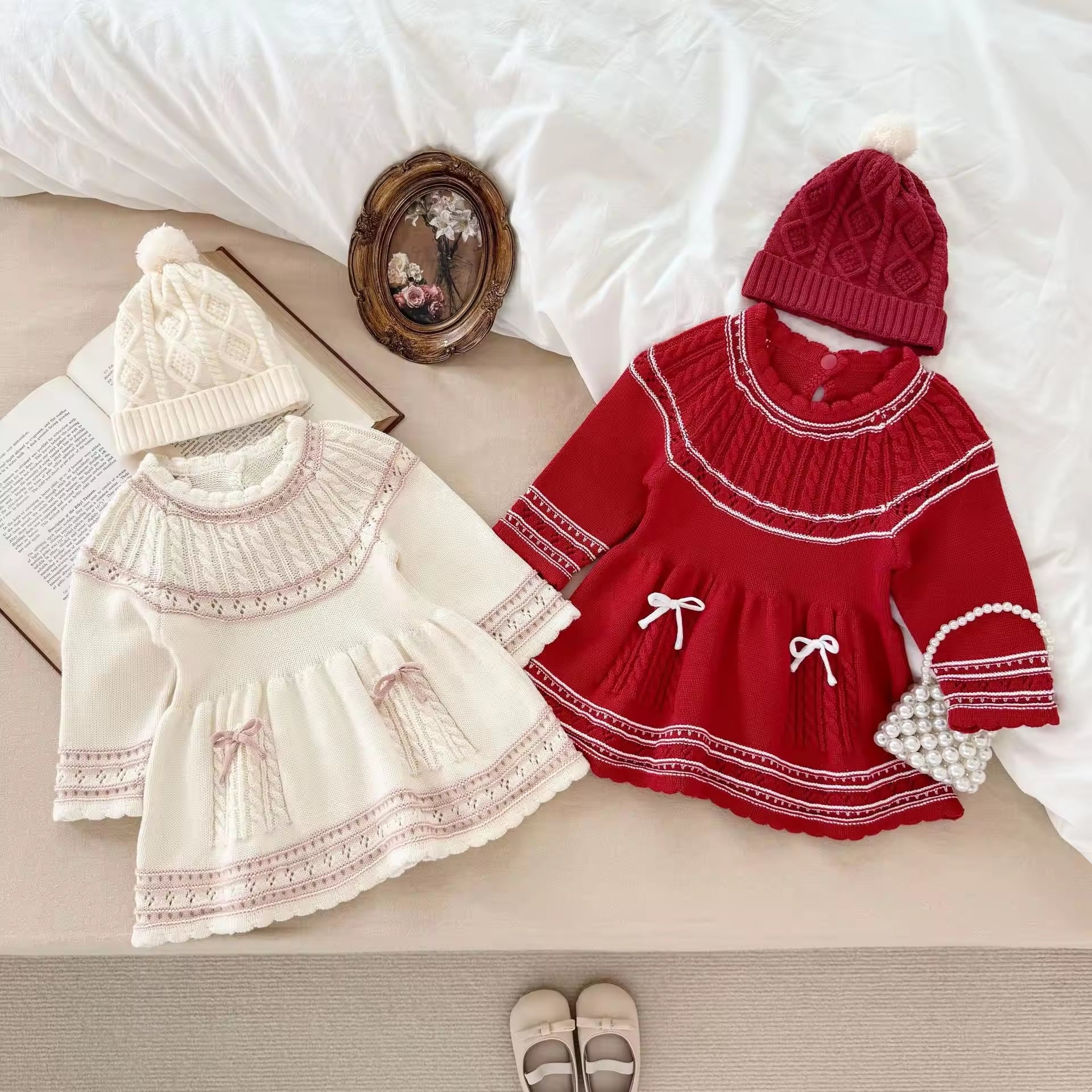 Autumn Girls' Baby Dresses Pure Cotton Knitted Handmade Bow Dress Versatile Slim Princess Dress for Baby Girls