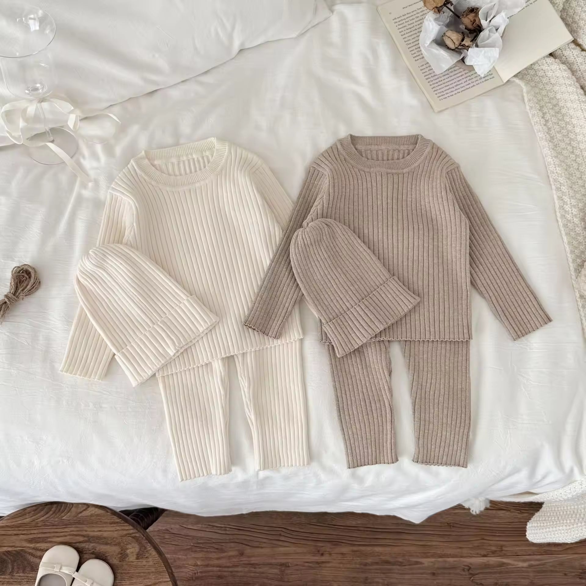 New Autumn 2025 Infant Clothes Unisex Baby Suit 3-Piece Set Solid Casual Knitted Top Pants & Hat Baby Clothes