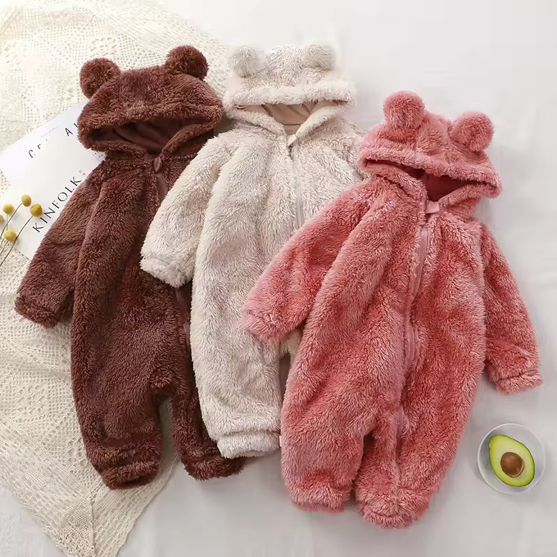 Winter Warm Baby Romper Coral Fleece Hooded Boys Girls Newborn Infant Jumpsuit Clothes Soft Pajama Overalls