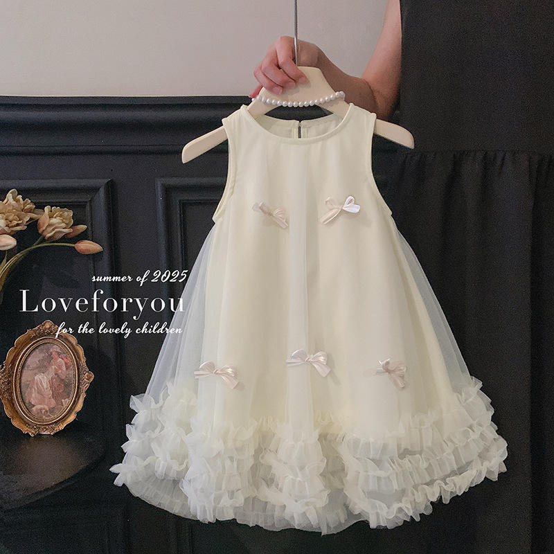 2025 Summer Girls Sleeveless Baby Dresses Bow Mesh Skirt O-Neck Sweet Baby Girl Dress Chiffon Knee-Length Solid Pattern Skirts