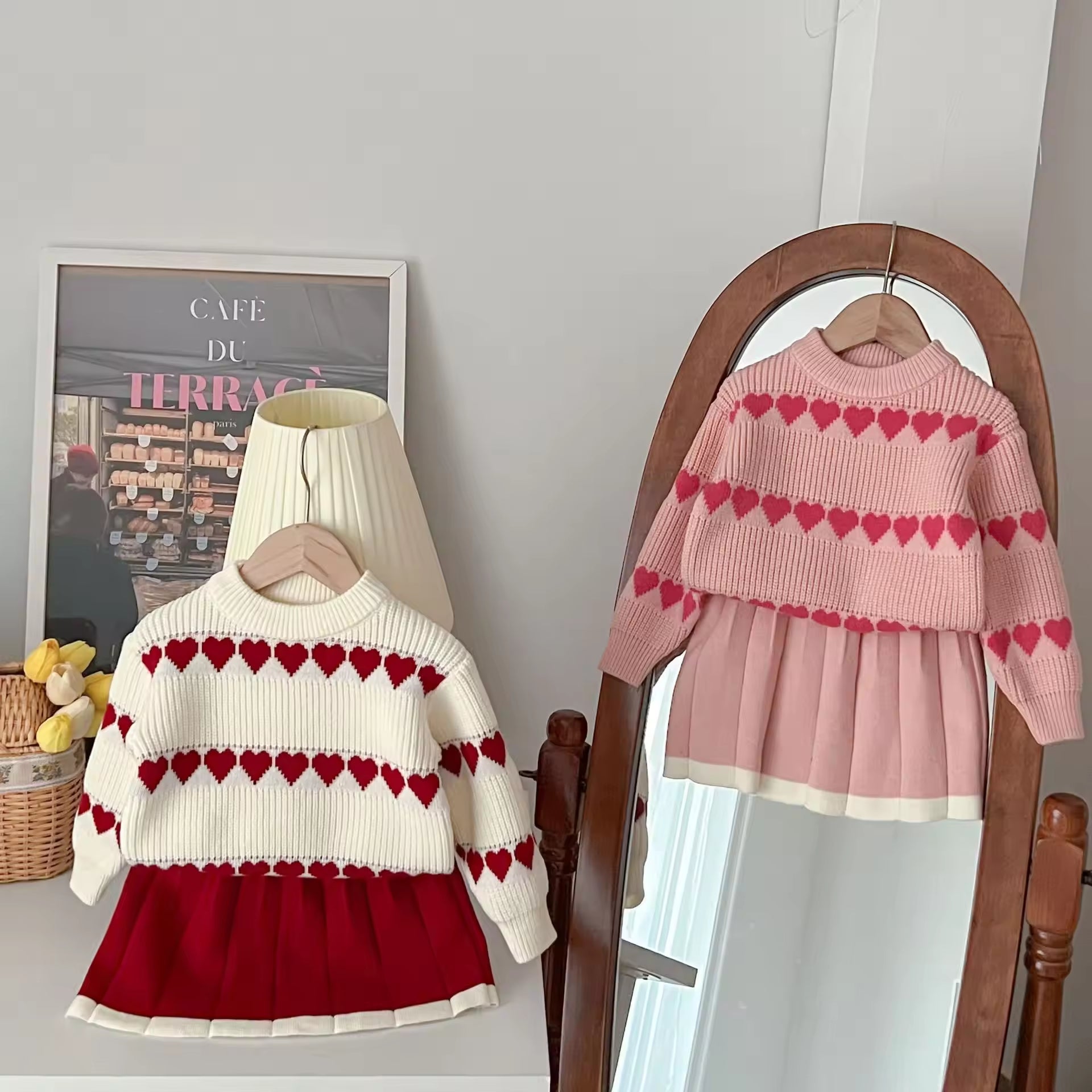 2025 Autumn and Winter New Style Baby Girl Clothing Set Girls Western Style Love Jacquard Knitted Baby Girl Two-Piece Set
