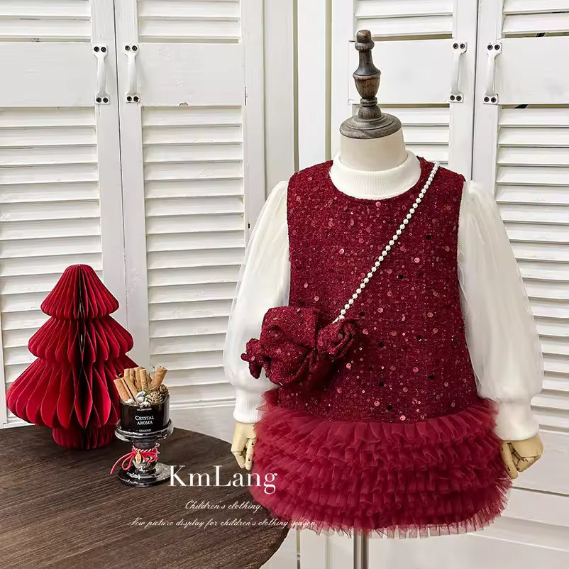 Girls' Baby Suit 2025 Winter Sweet Sequin Vested Knee-length Fleece-Lined Design Bow Skirt Baby Girl One-Year-Old Dress