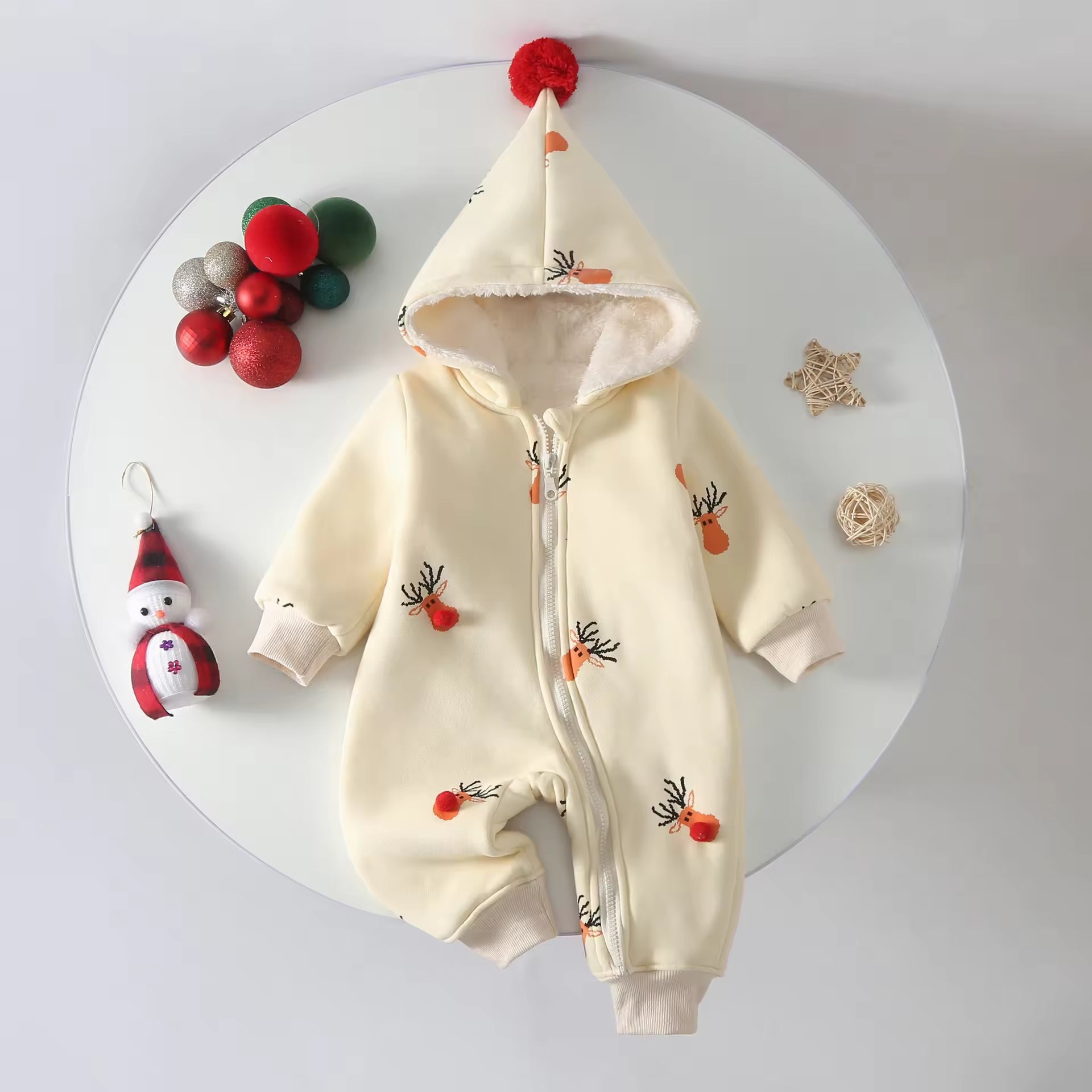 Baby Autumn and Winter One-piece Suit with Fleece Winter Coat Warm Hooded Zipper Christmas Fleece Baby Climbing Suit