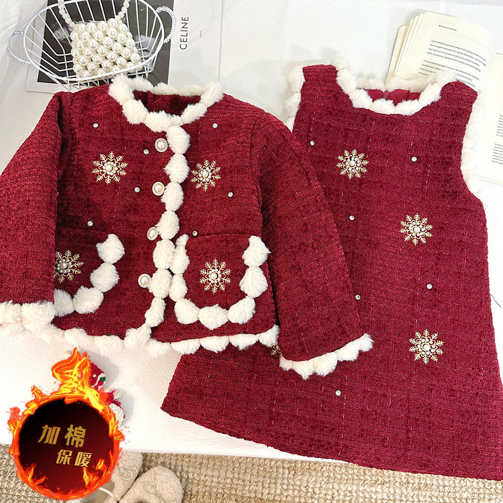 Winter New Baby Girls' Clothing Set Vintage Worsted Patchwork Two-piece Set Embroidered Flower Thickened Coat Warm Dress Suit