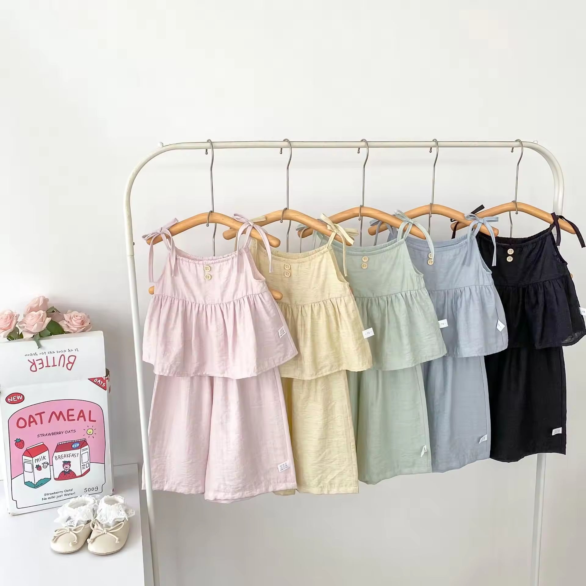 Girls' Fashionable Two-Piece Suit Summer Thin Stylish Sling Top Casual Wide-Leg Pants Solid Pattern Sweet Baby Girl 2 Piece Set