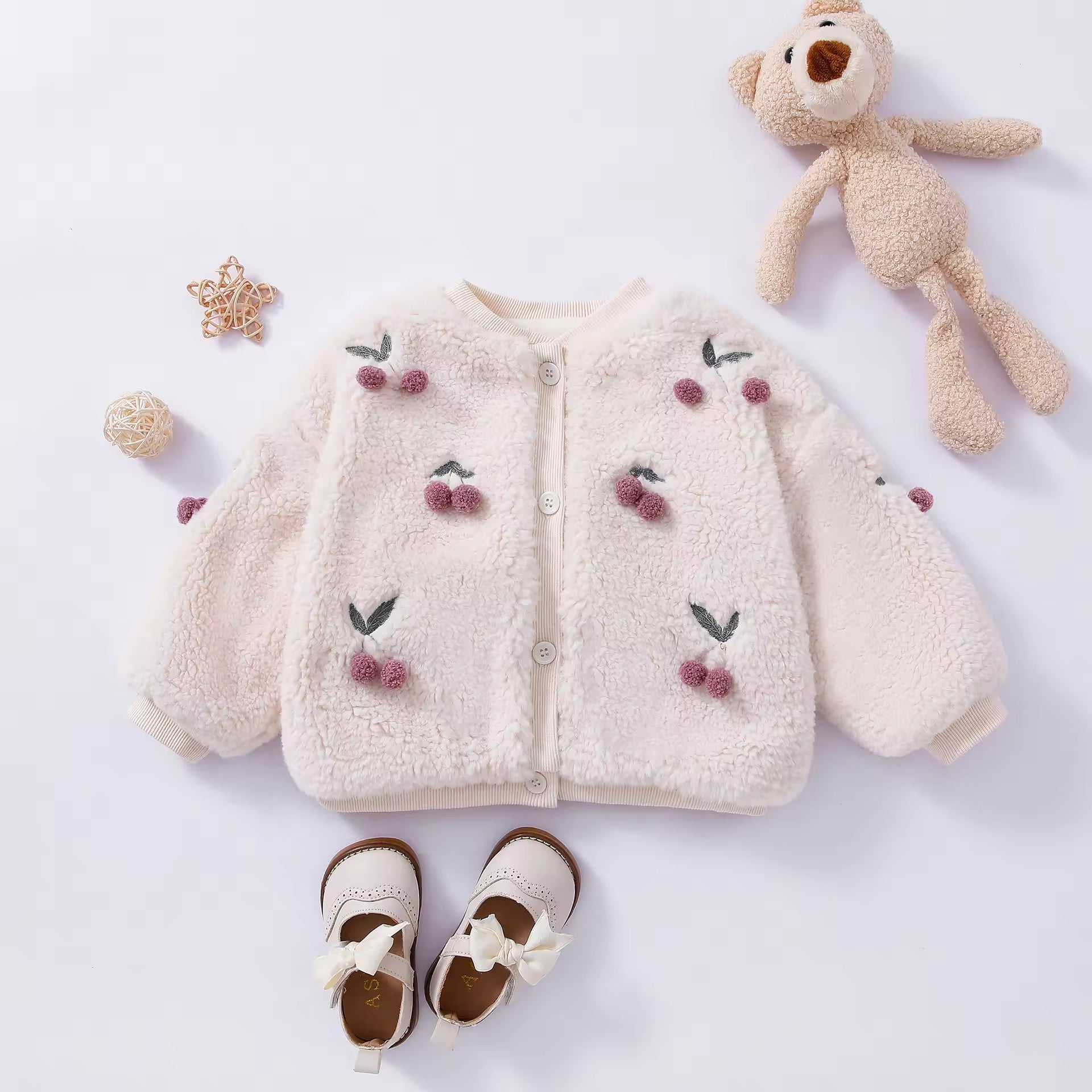 Girls' Coat Autumn and Winter Clothes Princess Baby Girl Warm with Velvet Padded Top Cherry Sweater