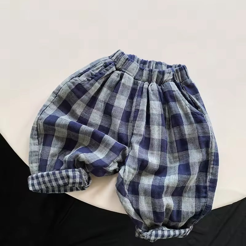 Spring and Autumn New Fashon Baby Boy Blue Plaid Pants Personalized All-match Kids Pants