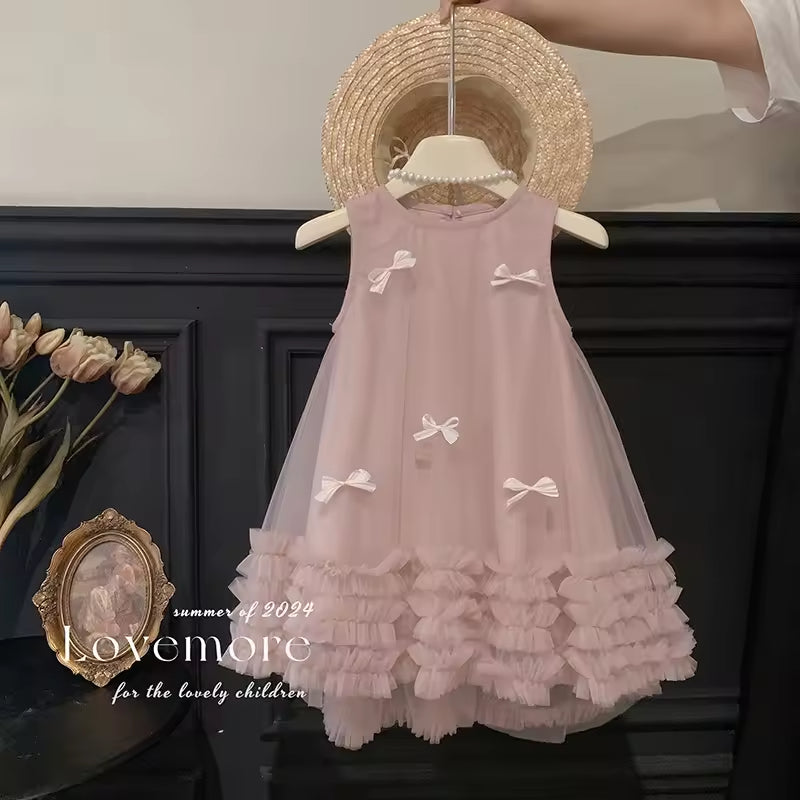 2025 Summer Outfit Girls' Sleeveless Bow Mesh Dress Casual Formal Party Dress Printed Sweet Cute Skirts