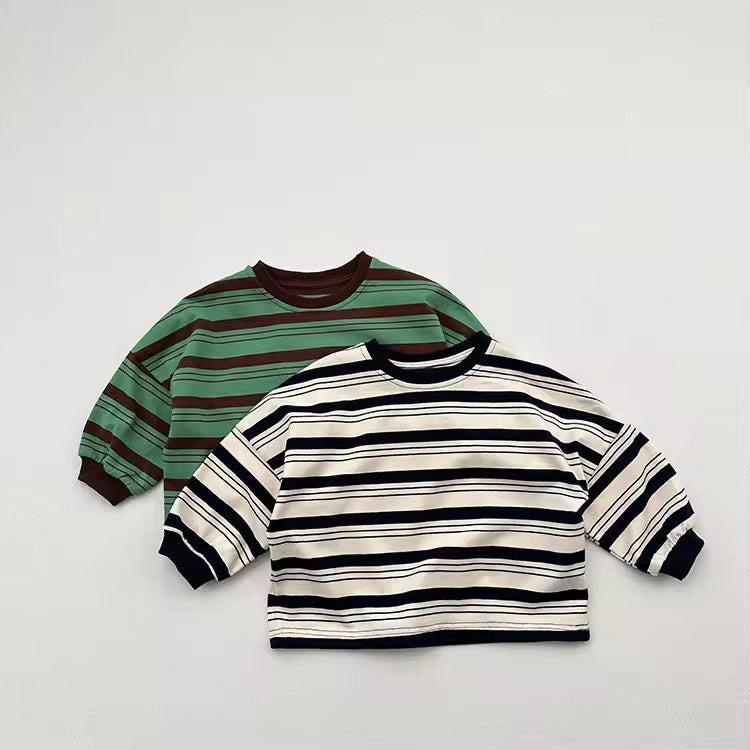 Spring and Autumn New Korean Style Baby T-shirt Striped Loose Long Sleeved Sweatshirts Retro Style Kids Tops