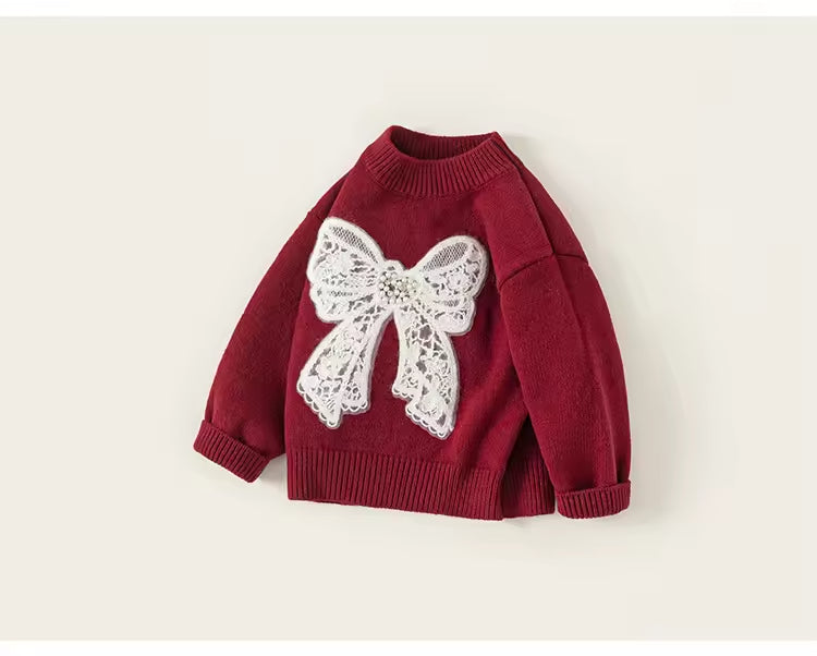 2025 Stylish New Autumn Baby Sweaters Red Girls with Bow Long Sleeve Children's Clothing Knitted New Baby Tops