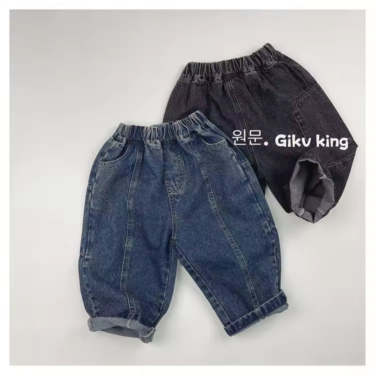 Japanese-style Retro Children's Jeans 2025 Spring New Boys and Girls Washed Stitching Casual Trousers Straight Pants Lbc