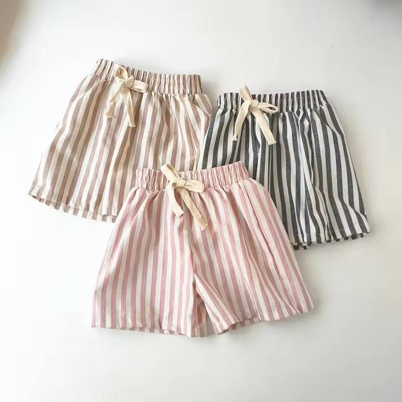 Spring and Summer Boys and Girls Linen Cotton Striped Shorts Cute Baby Casual Pants Loose Breathable Pants Children's Wear