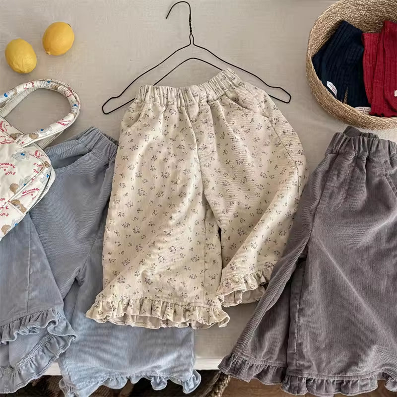 2025 Spring Girls' Corduroy Cropped Pants Baby Wooden Ear Floral Sample Clothes Wide Leg Pants Straight-leg Pants