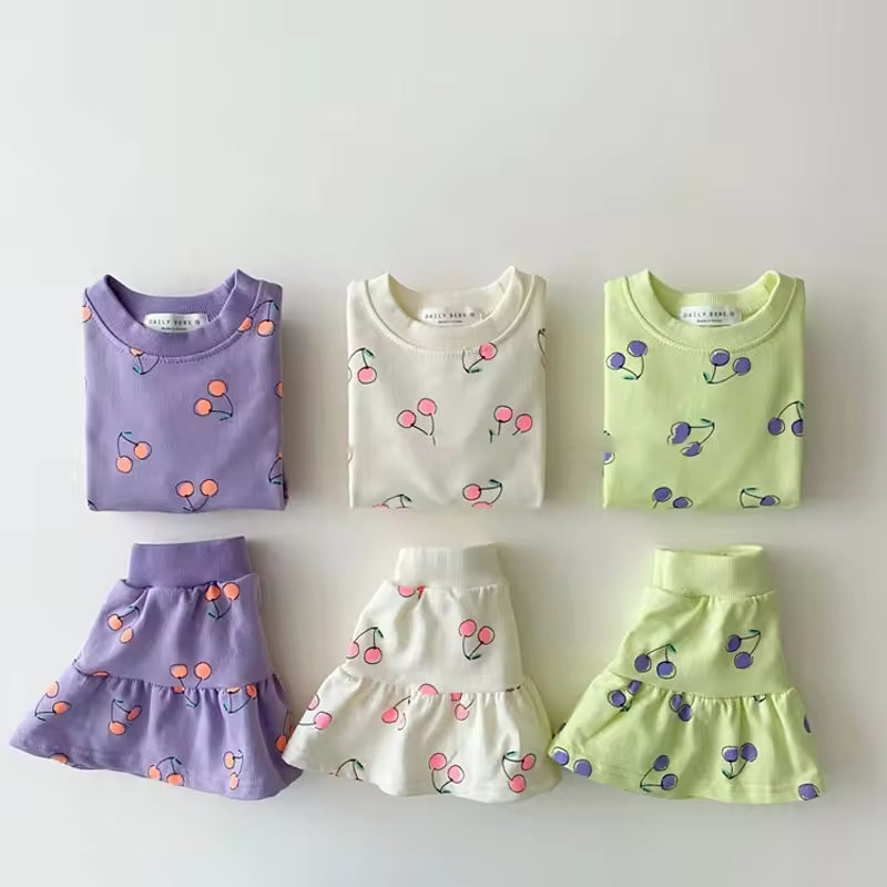 Toddler Kid Baby Girl Clothes Set Summer Short Sleeve Cherry Print Top and Skirt Set Elegant Cute Cotton 2pcs Infant Outfit