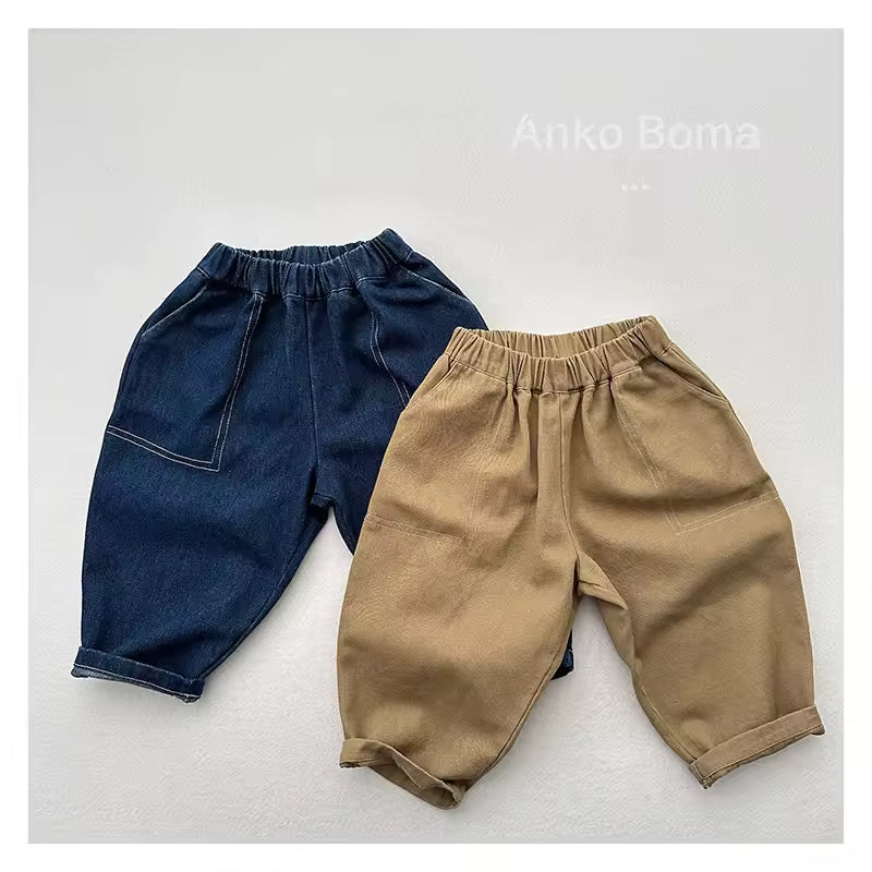 Korean Spring and Autumn New Children's Knitted Long Pants Stylish Retro Loose and Casual Jeans for Both Boys and Girls