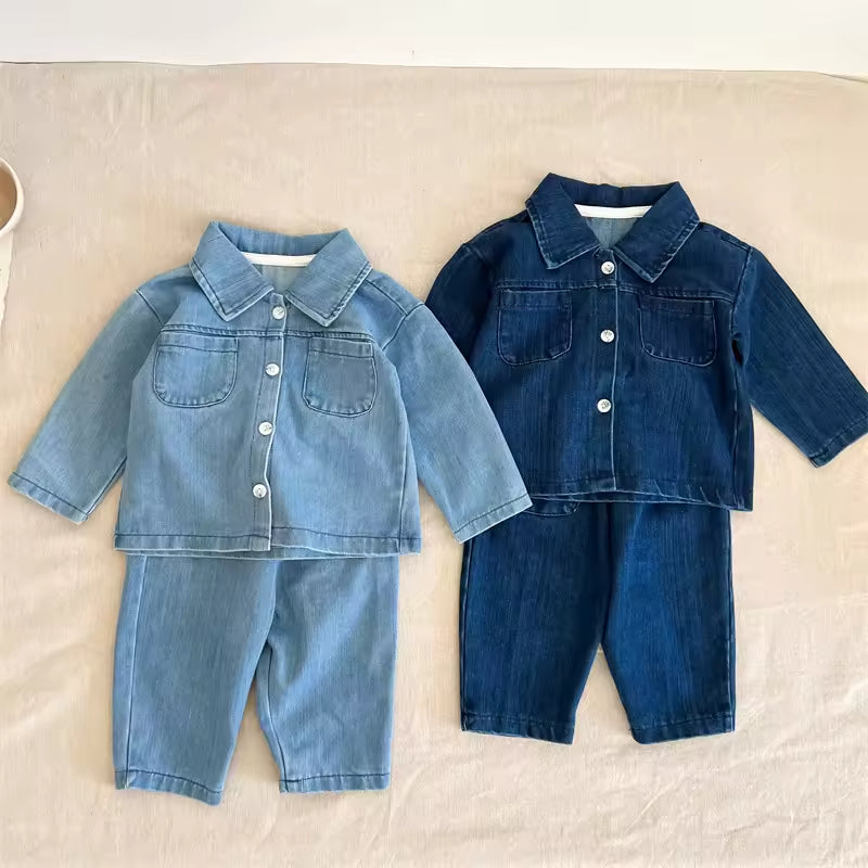Spring and Autumn Baby Boys and Girls Clothing Set Long-sleeved Denim Shirt Coat Trousers Two-piece Baby Suit