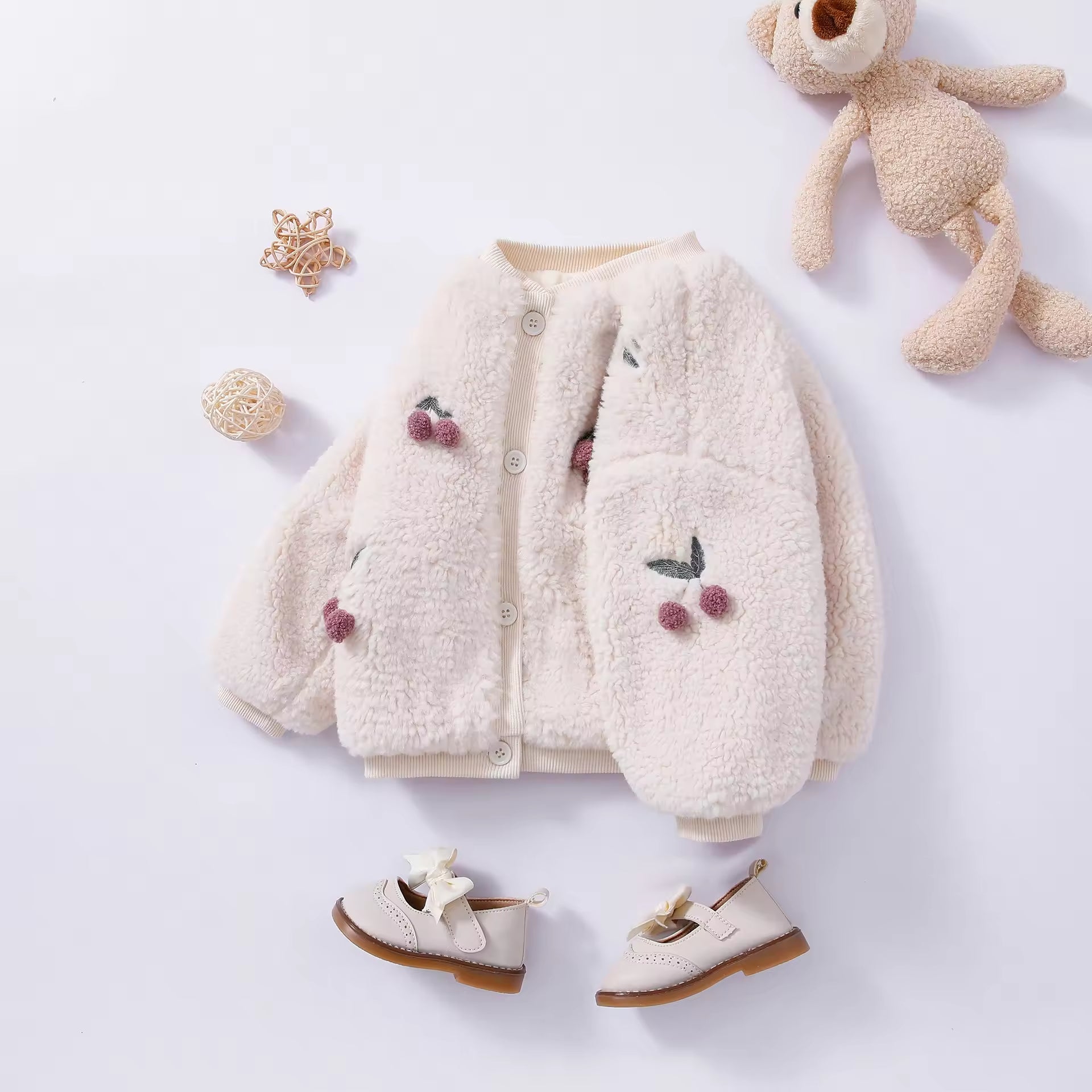 Girls' Coat Autumn and Winter Clothes Princess Baby Girl Warm with Velvet Padded Top Cherry Sweater