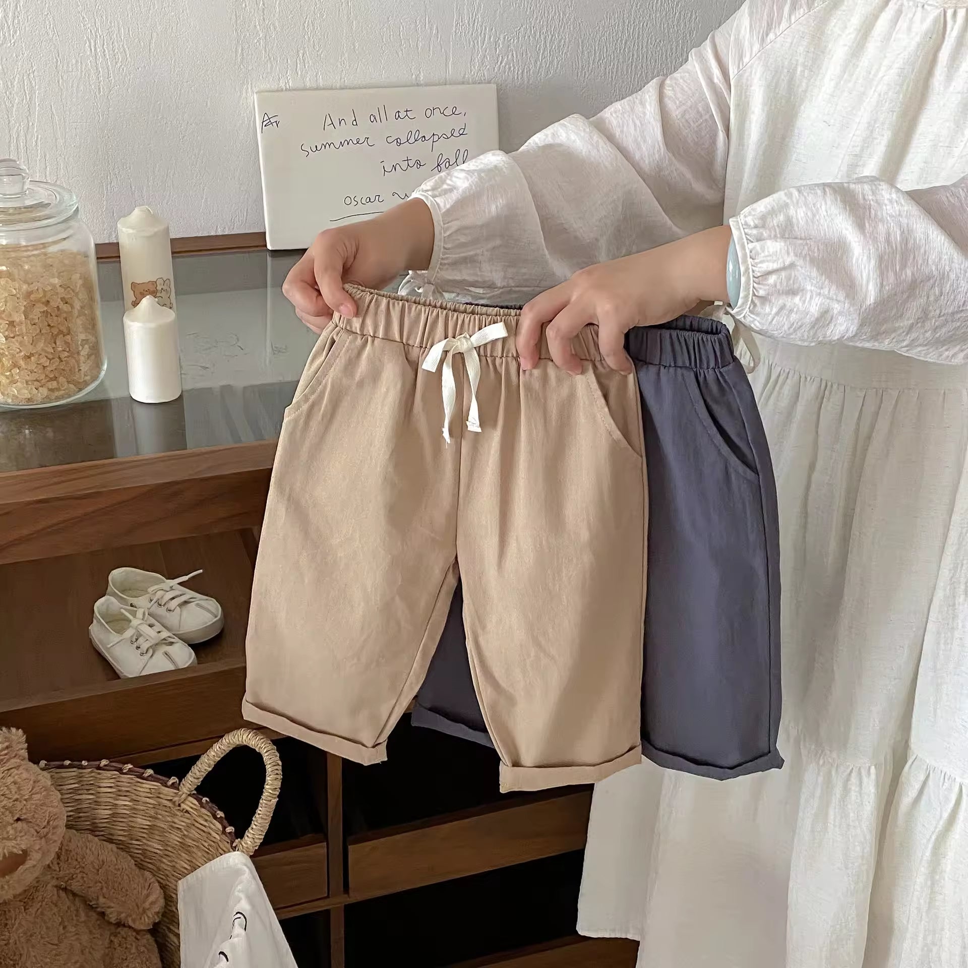 Autumn Korean Style Solid Color Casual Pants for Boys and Girls Small Medium Children Cotton Elastic Waist Straight Long Pants