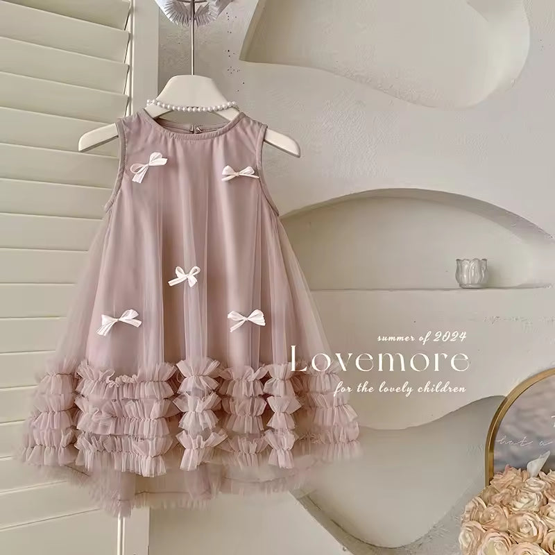 2025 Summer Outfit Girls' Sleeveless Bow Mesh Dress Casual Formal Party Dress Printed Sweet Cute Skirts