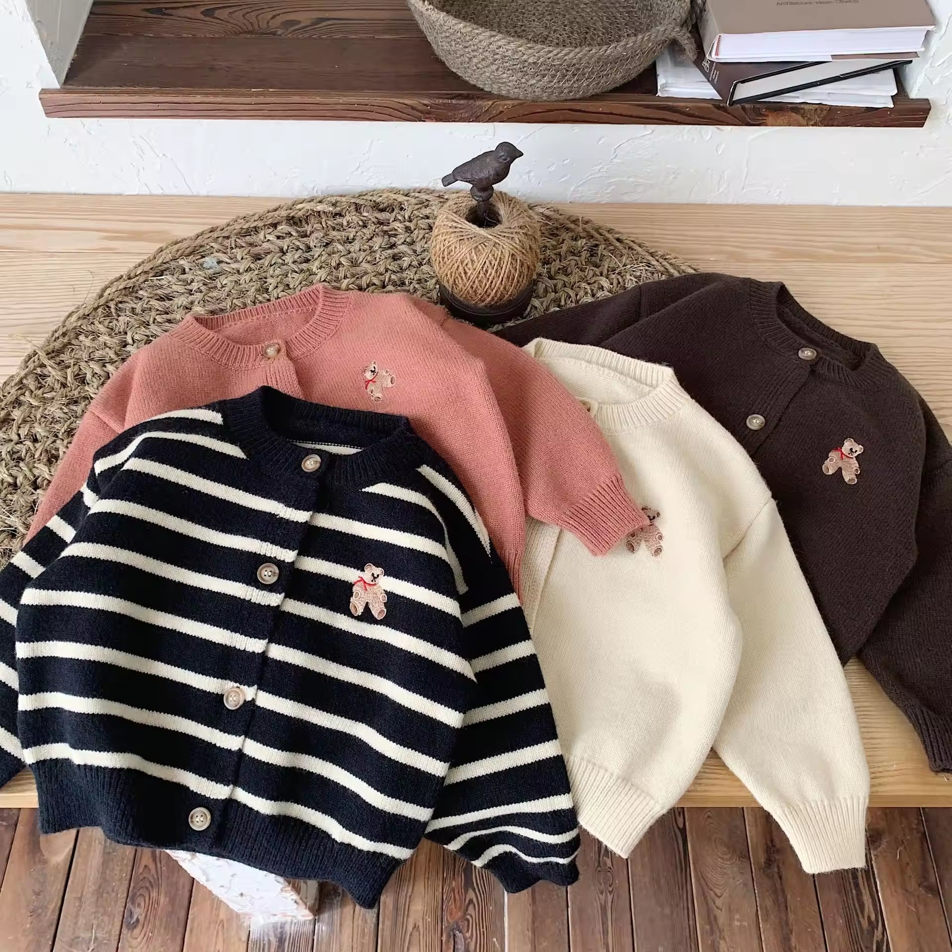Bear Baby Sweater New Spring and Autumn Boy's Striped Knitted Cardigan Girl's Embroidered Round Neck Woolen Kids Top