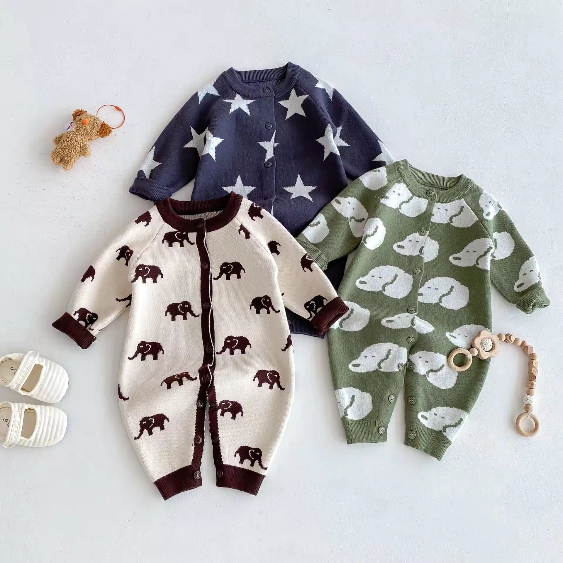 Autumn and Winter Outfits for Baby Boys Girls Rompers Korean Style Knitted Crawling Suit Newborn Cotton Button Jumpsuit