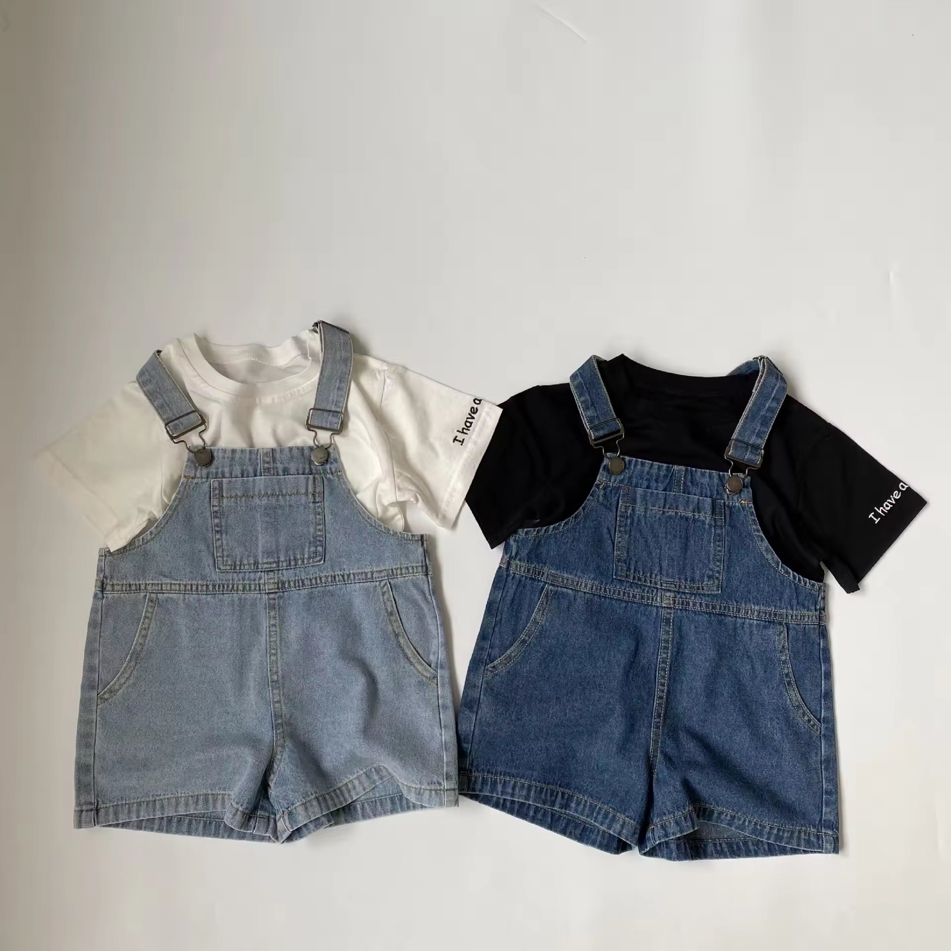 Summer new children's thin Denim suspender overalls baby boy and baby girl washed distressed large pocket Denim shorts