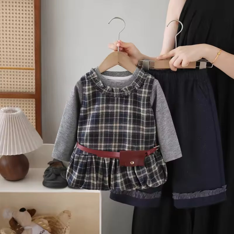 Girls' Casual Set 2025 Autumn New Style Little Girl Korean Checkered Three-piece Girls' Pants Set