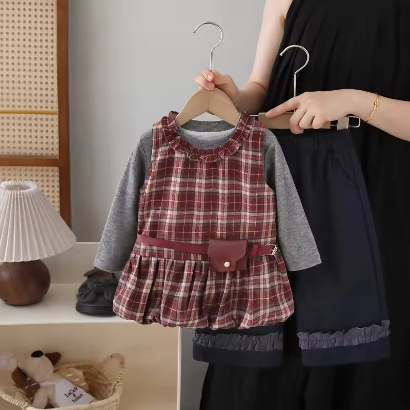 Girls' Casual Set 2025 Autumn New Style Little Girl Korean Checkered Three-piece Girls' Pants Set