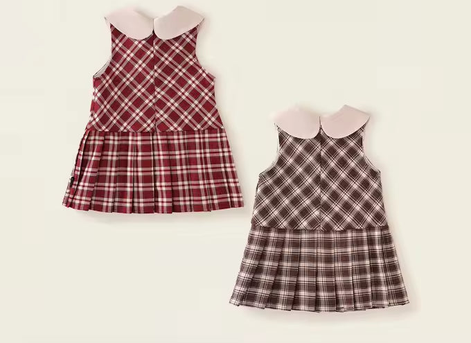 2025 New Girls' Korean-Style Casual Printed Vest Dress Baby Princess Dress Straight Silhouette Pleated Collar for Spring Summer