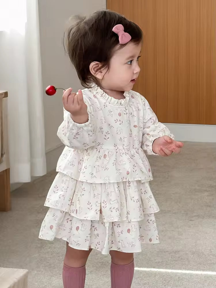 Girls' Floral Print Dress 2025 New Style Autumn Baby Cute Cartoon Cake Dress Children's Korean Autumn Dress