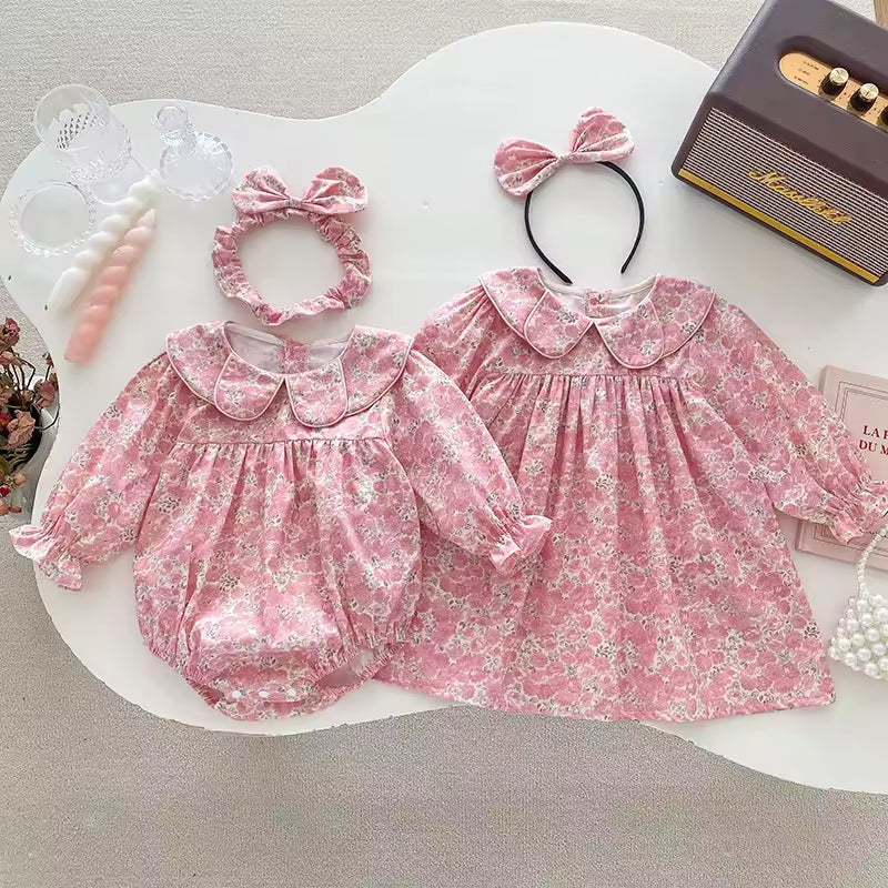 2025 Autumn Sweet Princess Dress for Baby Girls Long Sleeve Triangle Climbing Lace Floral Doll Collar Cute Sister Outfit