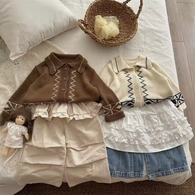 2025 Autumn New Children's Color-blocking Turtle-neck Sweater Cardigan for Girls and Babies Korean Retro Long-sleeved Coat