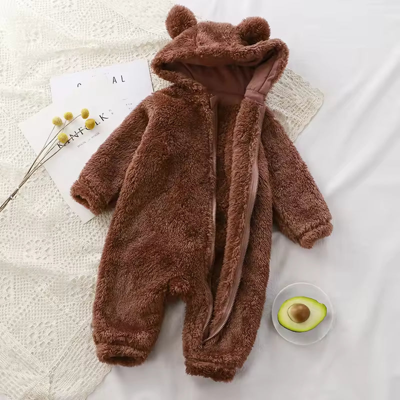 Winter Warm Baby Romper Coral Fleece Hooded Boys Girls Newborn Infant Jumpsuit Clothes Soft Pajama Overalls