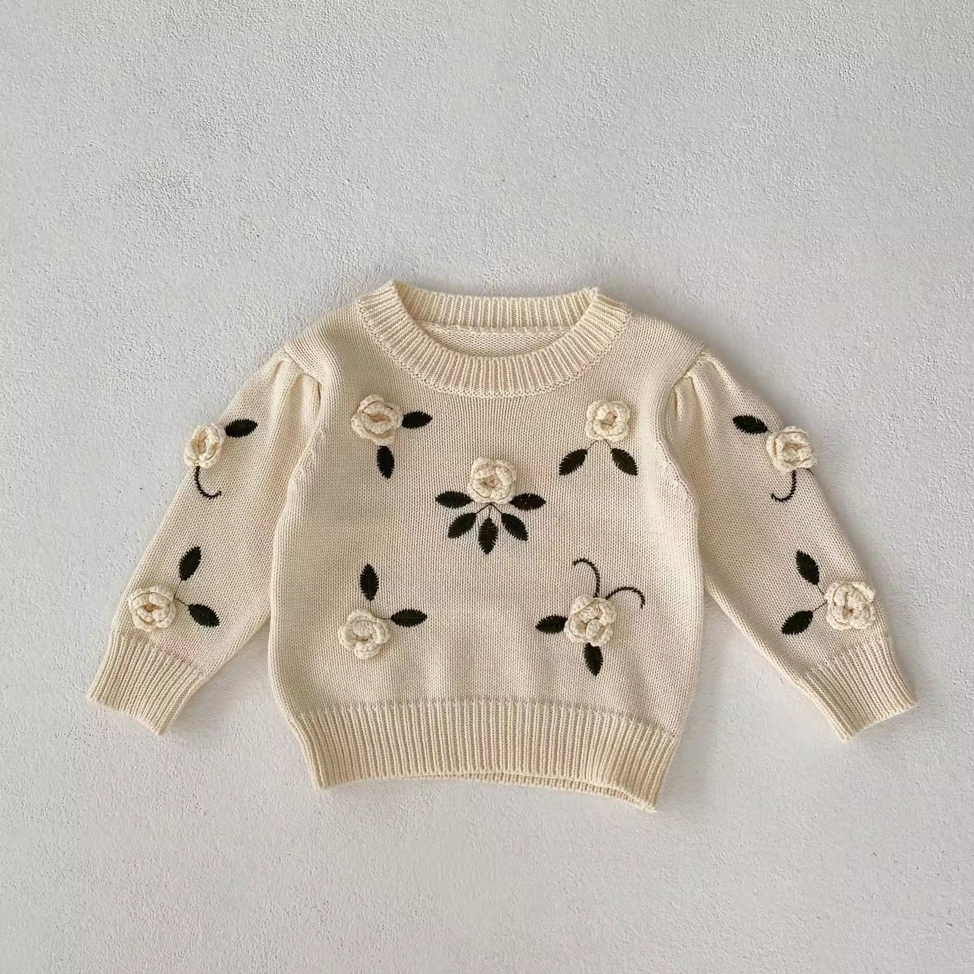 Autumn 2025 Baby Girl Pullover Knitted Baby Girl Sweet Sweater Top Handmade with Beautiful Flower Embroidery Baby Tops