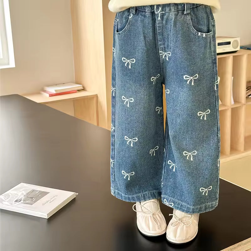 2025 Autumn and Winter Children's Clothing New Style Baby Pants Full Printed Bow Loose Fit Jeans Straight Legs Baby Trousers