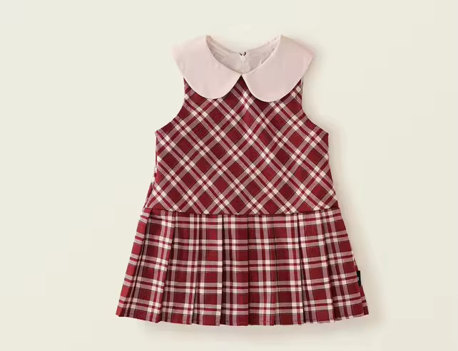 2025 New Girls' Korean-Style Casual Printed Vest Dress Baby Princess Dress Straight Silhouette Pleated Collar for Spring Summer