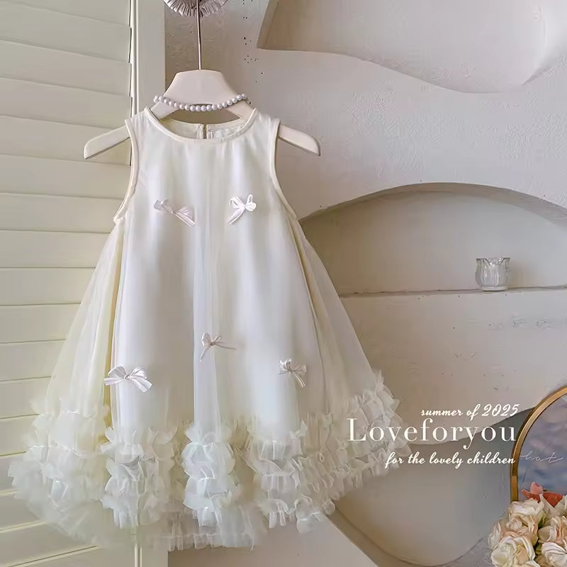 2025 Summer Girls Sleeveless Baby Dresses Bow Mesh Skirt O-Neck Sweet Baby Girl Dress Chiffon Knee-Length Solid Pattern Skirts