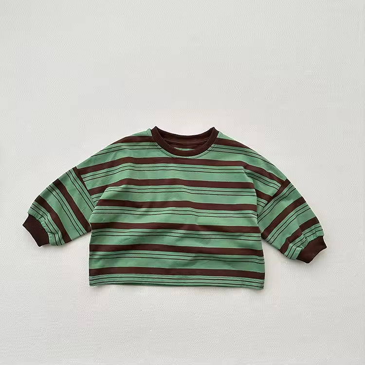 Spring and Autumn New Korean Style Baby T-shirt Striped Loose Long Sleeved Sweatshirts Retro Style Kids Tops