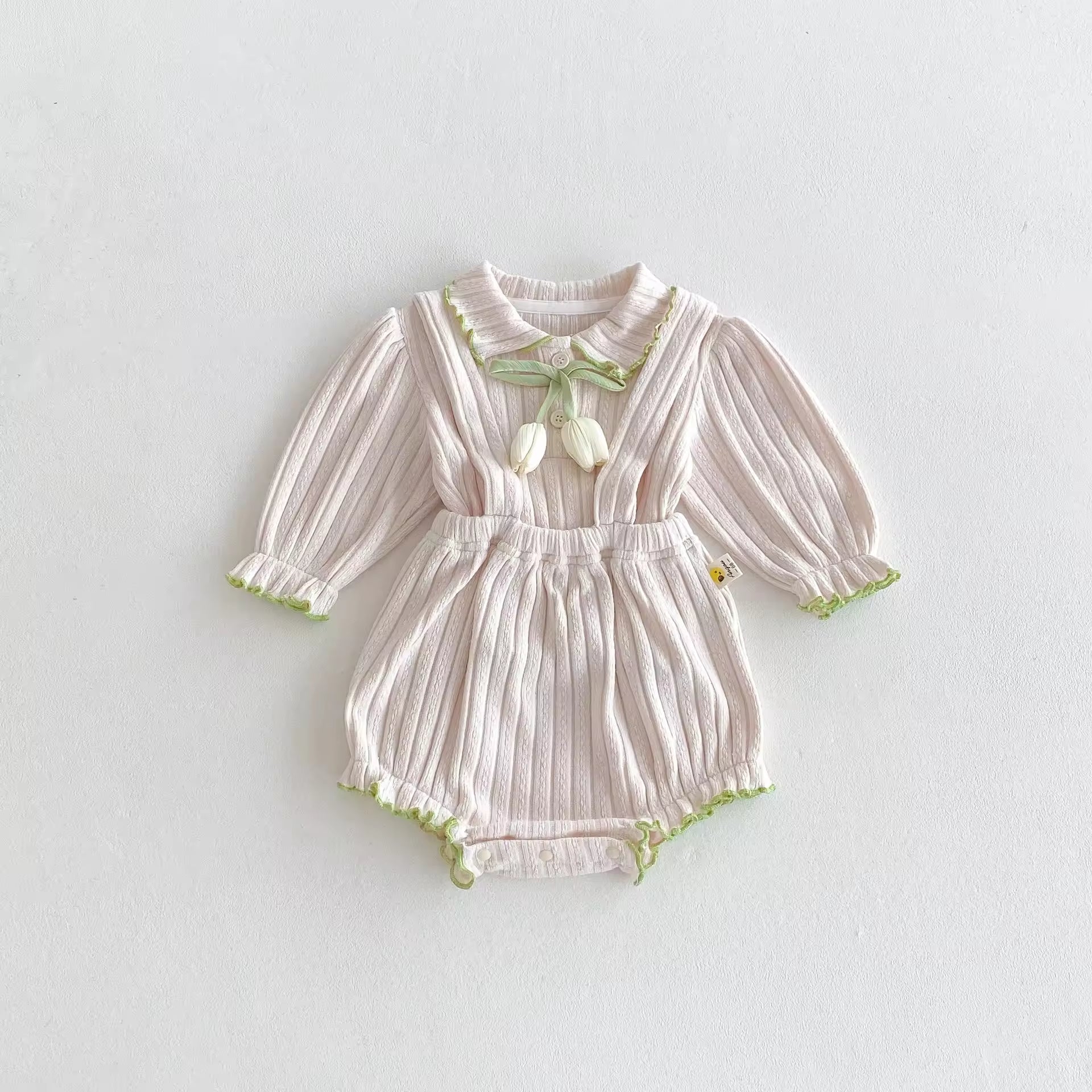Spring Baby Girl's Stylish Solid Color Pattern Two-Piece Set Cotton Ribbed Ruffle Long-Sleeve Top Suspender Pants Baby Suit
