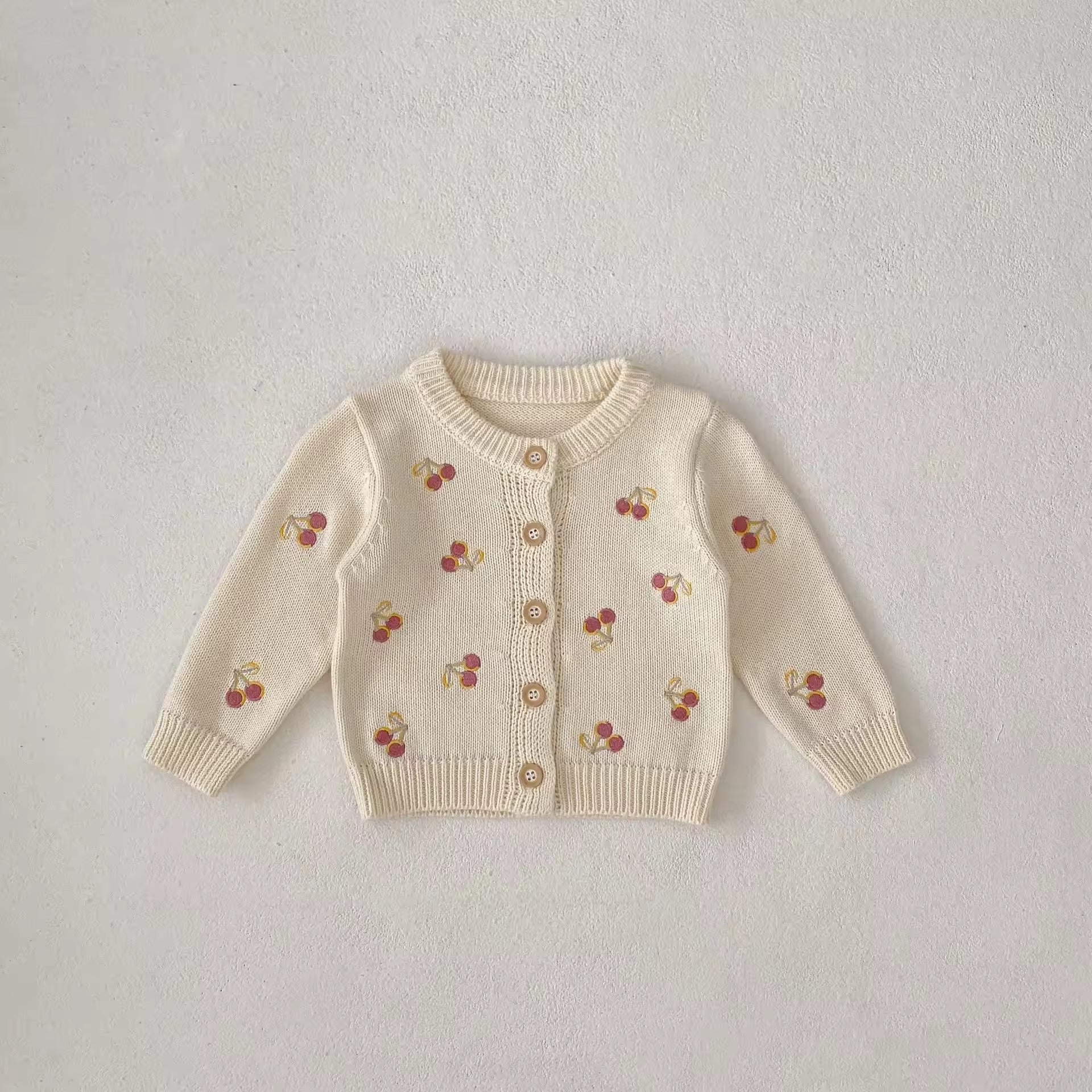2025 Autumn Baby Girls' Cotton Sweater Coat Cherry Embroidery Knitted Long-sleeved Coat Children's New Top