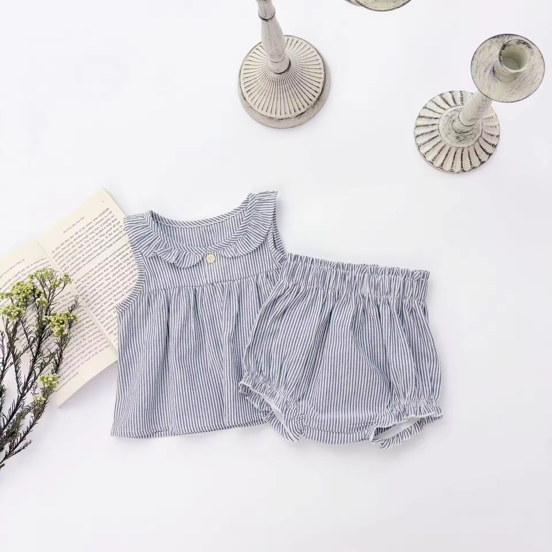 Summer Ins Korean Style 2025 Casual Outfit for Baby Girls Casual Two Piece Set Striped Vacant Shorts Briefs Baby Suit